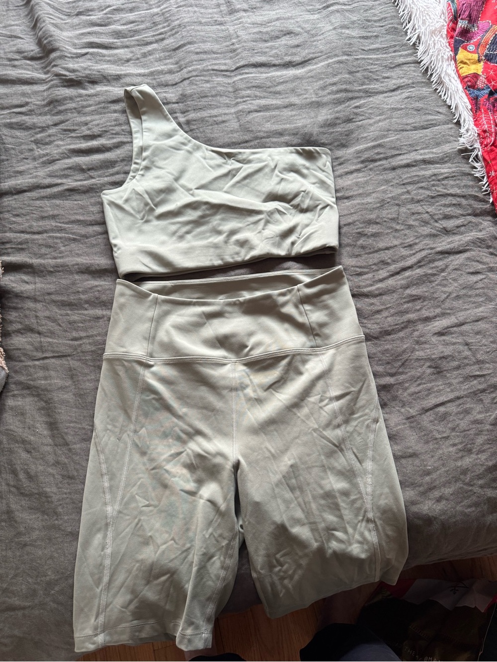 Girlfriend Collective One-Shoulder Sage Green Crop Top and Biker Shorts Set